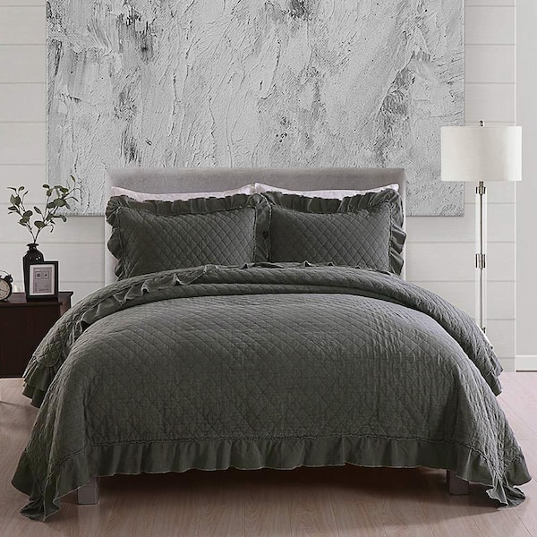 JML 3-Piece Dark Gray Microfiber Queen Ruffled Quilt Set