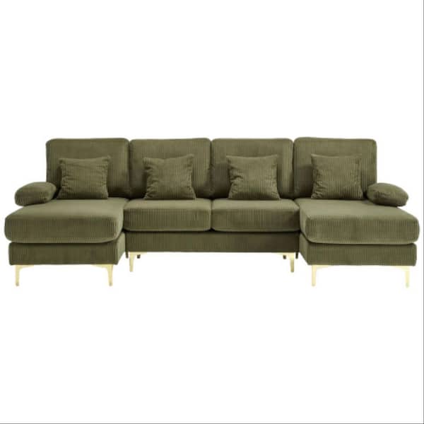 104 in. 4-piece U-Shape Modern Corduroy Upholstered Sectional Sofa with Double Chaises and Lighting System in. Green