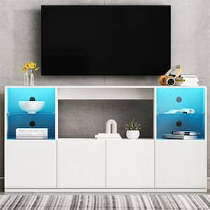 White High Gloss Modern TV Stand Fits TV's up to 75 in. with Tempered Glass, LED Lights, 4-Storage Cabinet