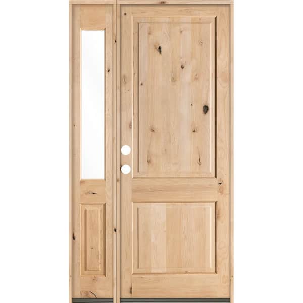 Krosswood Doors 46 in. x 96 in. Rustic Unfinished Knotty Alder Square-Top Right-Hand Left Half Sidelite Clear Glass Prehung Front Door