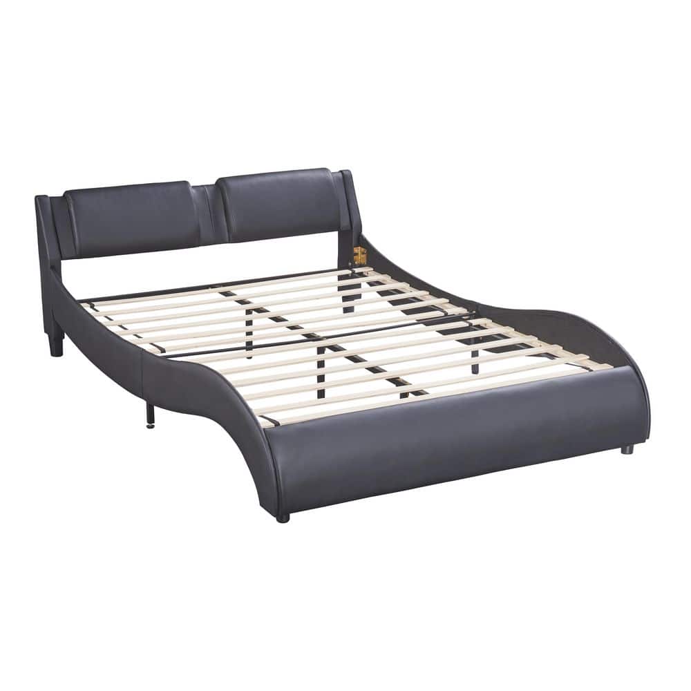 Black Faux Leather Upholstered Queen Platform Bed with LED Lights