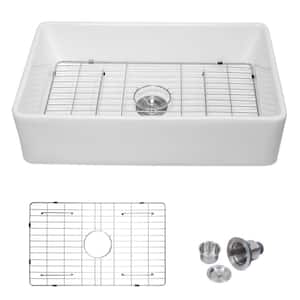 Ceramic 33 in. Single Bowl Round Corner Farmhouse Apron Kitchen Sink with Sink Grid and Drain Assembly