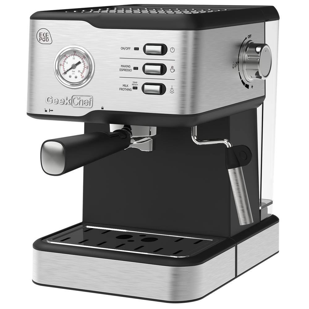 2-Cup 20-Bar Stainless Steel Semi-Automatic Espresso Machine with Pressure Gauge and Milk Frother Steam Wand