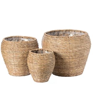 Woven Cattail Leaf Round Flower Pot Planter Basket with Leak-Proof Plastic Lining (Set of 3)