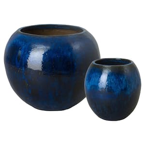 16, 23 in. H Ceramic Ball Planters S/2, Blue