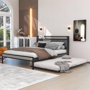 Black Metal Frame Queen Size Platform Bed with Trundle, Upholstered Headboard, Sockets, and USB Ports