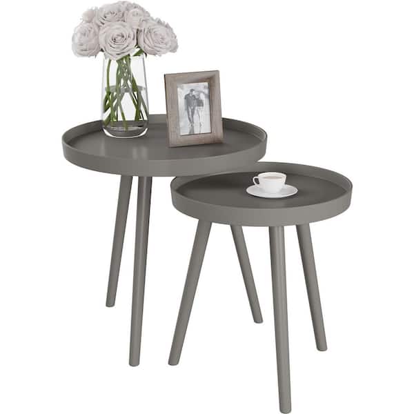 Wooden Nesting Round Tray Top Slate Gray Accent Tables (Set of 2)