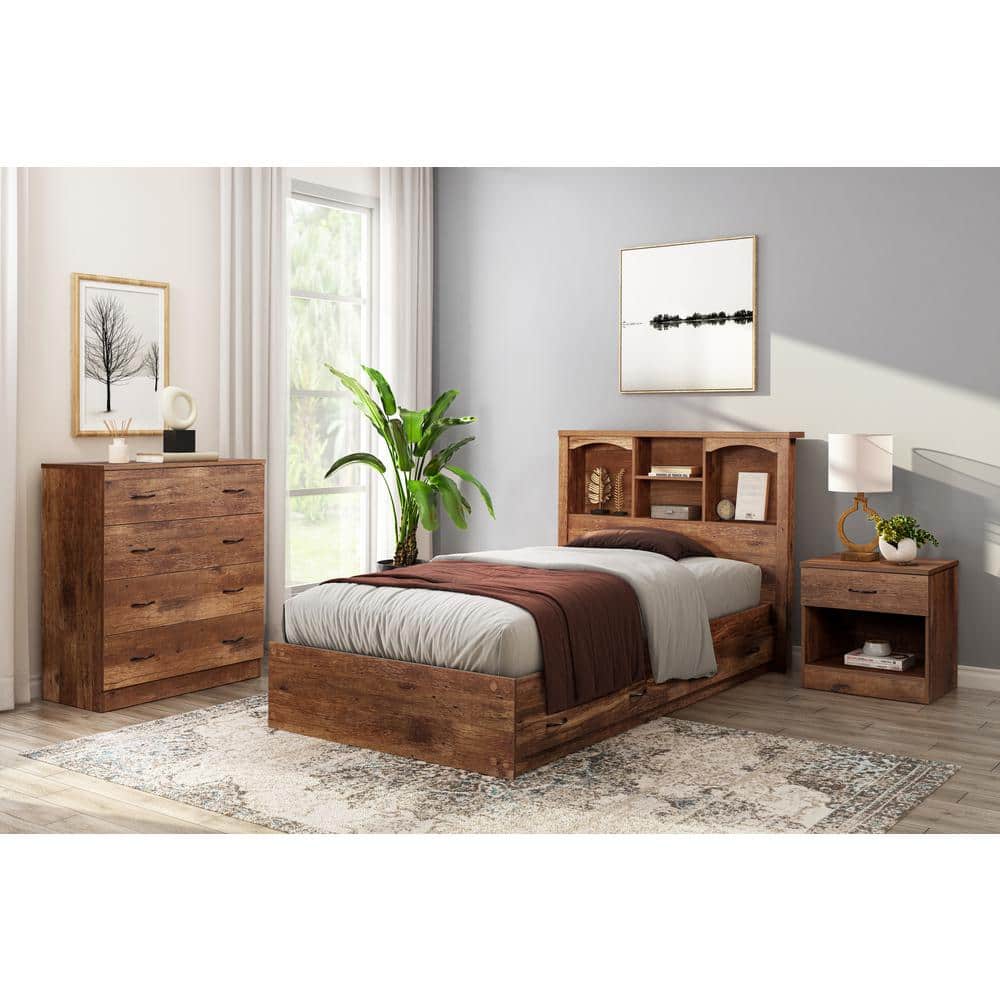 Twin Mountain Oak Platform Bed with 2 Storage Drawers