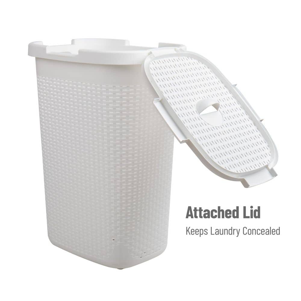 White Plastic Wicker Style Upright Hamper with Lid for Kids