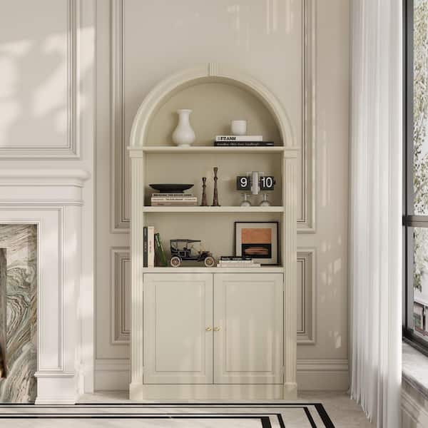 71 in. Tall Beige Finished Wood 5-Shelf Bookcase with Close Back, Open Shelves, 2 Doors and  Arched Top
