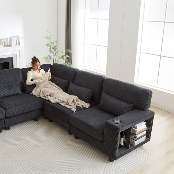 102.75 x 102.75 in. L-Shaped Modular Corduroy 5-Seat Convertible Sectional Sofa in Black with Arm Storage, Cup Holder