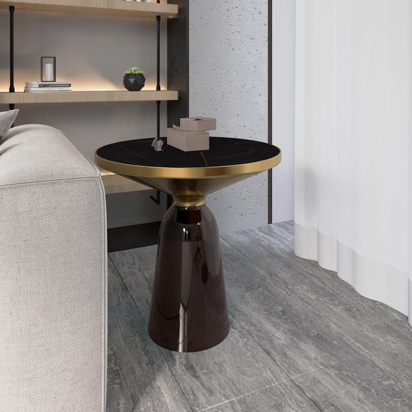 Leisuremod 19.68-Inch Round End Table Stone Tabletop Gold Iron Rim Frame Side Table With Glass Pedestal Base in Grey/Black Stone