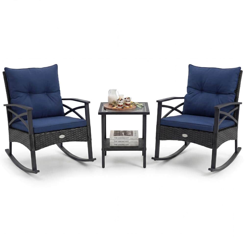 3-Piece PE Rattan Patio Rocking Chair Set with Cushions and 2-Tier Side Table, Navy price history on PriceWatchPro