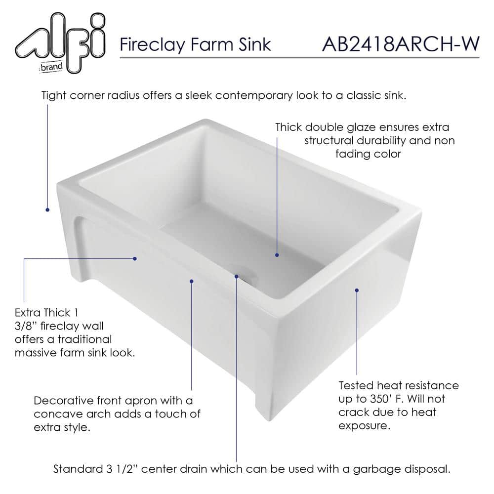 24'' White Fireclay Farmhouse Apron Single Bowl Sink