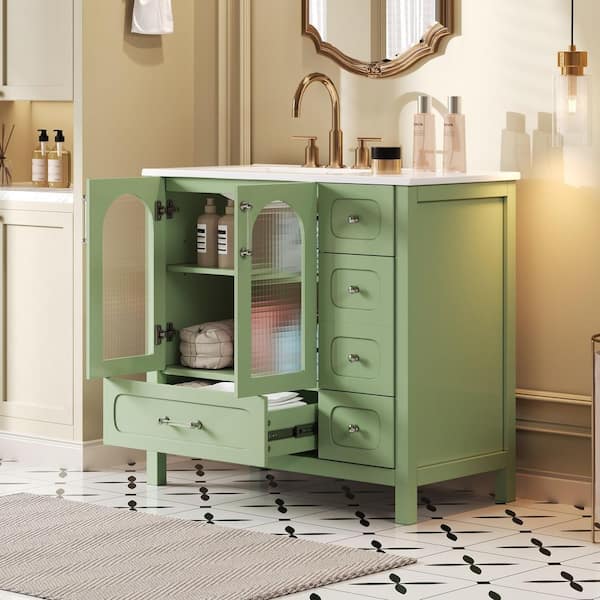 36 in. Freestanding Green Bath Vanity with White Ceramic Top and 4 Drawers Bathroom Storage Cabinet Unassembled