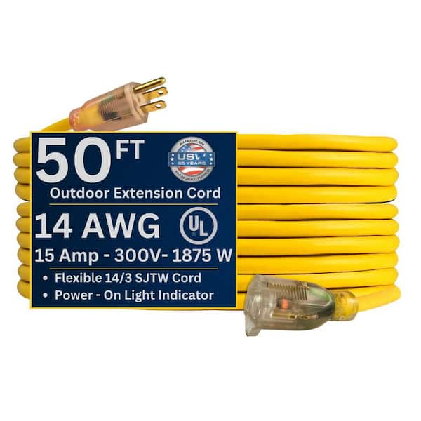 USW 50 ft. 14/3 Yellow Extension Cord with Lighted Plug