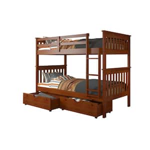 Brown Light Espresso Twin over Twin Mission Bunk Bed with Under Bed Drawers