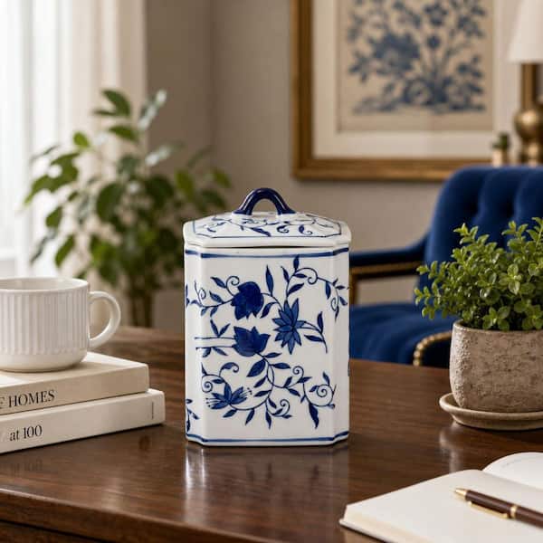 8 in. Blue Ceramic Box Chinoiserie Jar with Lid