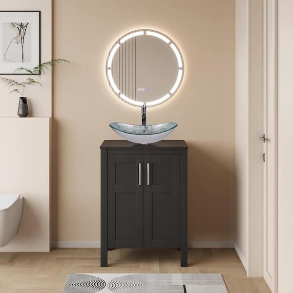 24 in. W x 19 in. D x 32 in. H Bath Vanity in Black with Black Solid Surface Top