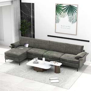 130.5 in. W Square Arm 4- Piece Polyester Modular Modern Sectional Sofa with Reversible Chaise and 2 USB Ports Gray