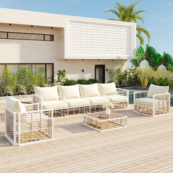 Unbranded 7 Piece Metal Outdoor Patio Modern Simple Sectional Sofa Furniture Set with Beige Thick Cushions and Coffee Table