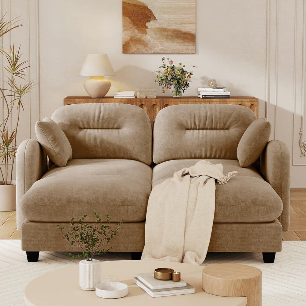 Will 74 in. Chenille Upholstered Cloud U Shaped Sectional Sofa in Brown with 2 Ottomans, 2-Pillows, Camel