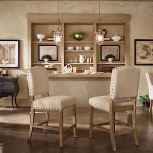 Light Distressed Natural Nailhead Upholstered Counter Height Chairs (Set of 2)