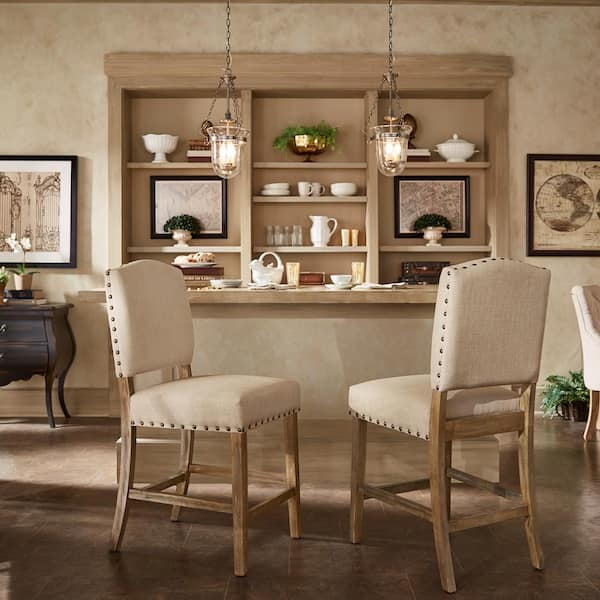 HomeSullivan Light Distressed Natural Nailhead Upholstered Counter Height Chairs (Set of 2)