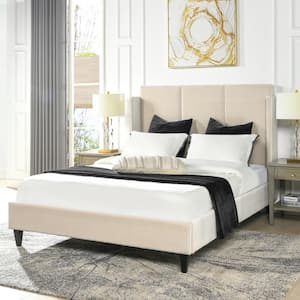 Adonis 65 in. W Tall WingBack Queen Platform Bed Frame, French beige Performance Velvet