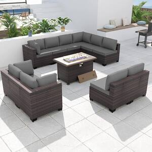 11-Piece Wicker Patio Conversation Set with 55000 BTU Gas Fire Pit Table and Glass Coffee Table and Grey Cushions