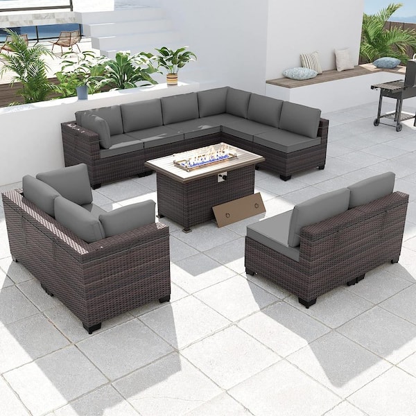 Halmuz 11-Piece Wicker Patio Conversation Set with 55000 BTU Gas Fire ...