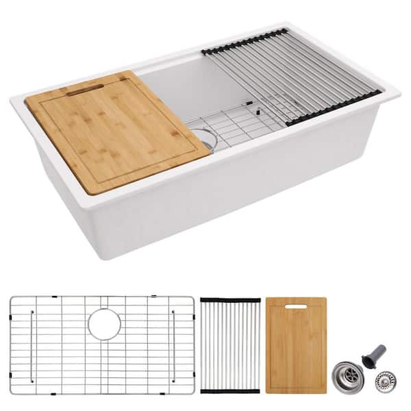33 in. Undermount Single Bowl White Quartz Granite Composite Kitchen Sink, Ledge Workstation Basin with Accessories