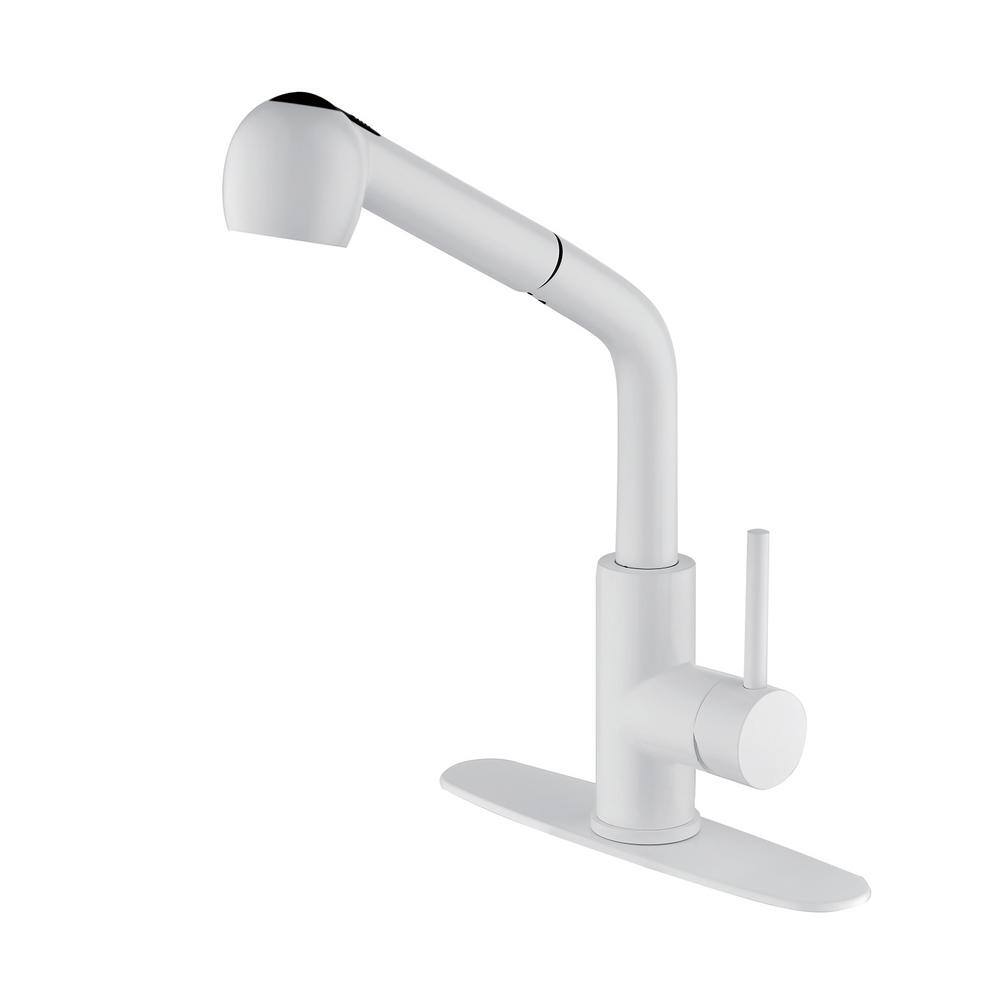 Single Handle Pull Down Sprayer Kitchen Faucet with Deck Plate in White