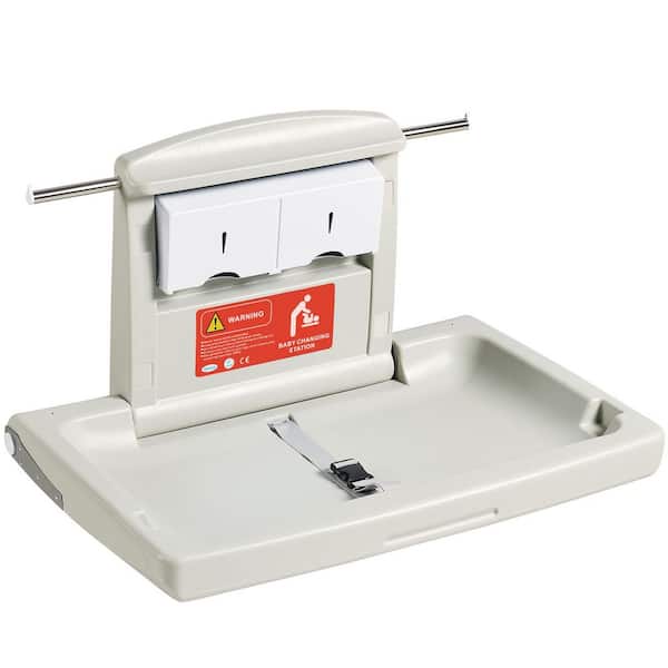 Wall-Mounted Baby Changing Station Horizontal Foldable Diaper Change Table Safety Straps and Hanging Rods