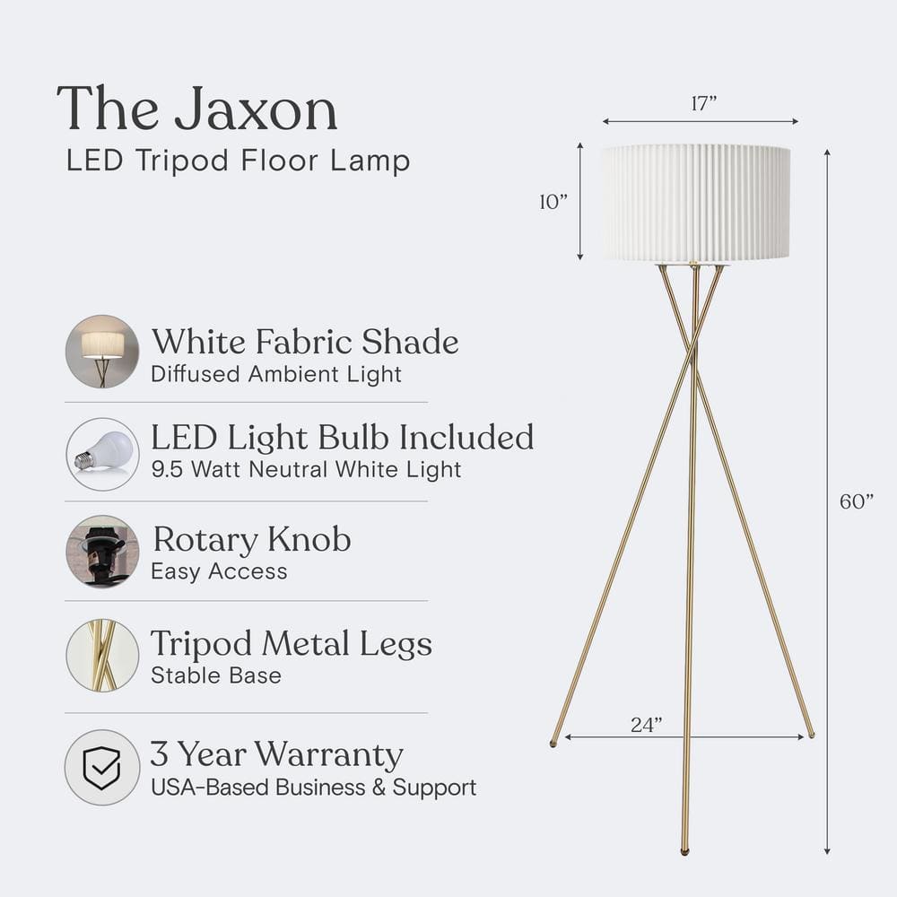 Jaxon 60" Brass Tripod Floor Lamp with Pleated Shade