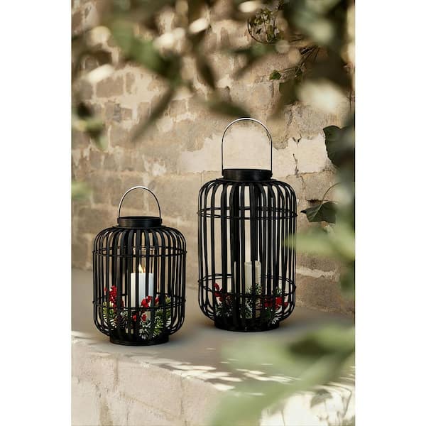 A & B Home 13.8 in. x 9.3 in. Black Bamboo Lantern with Candle