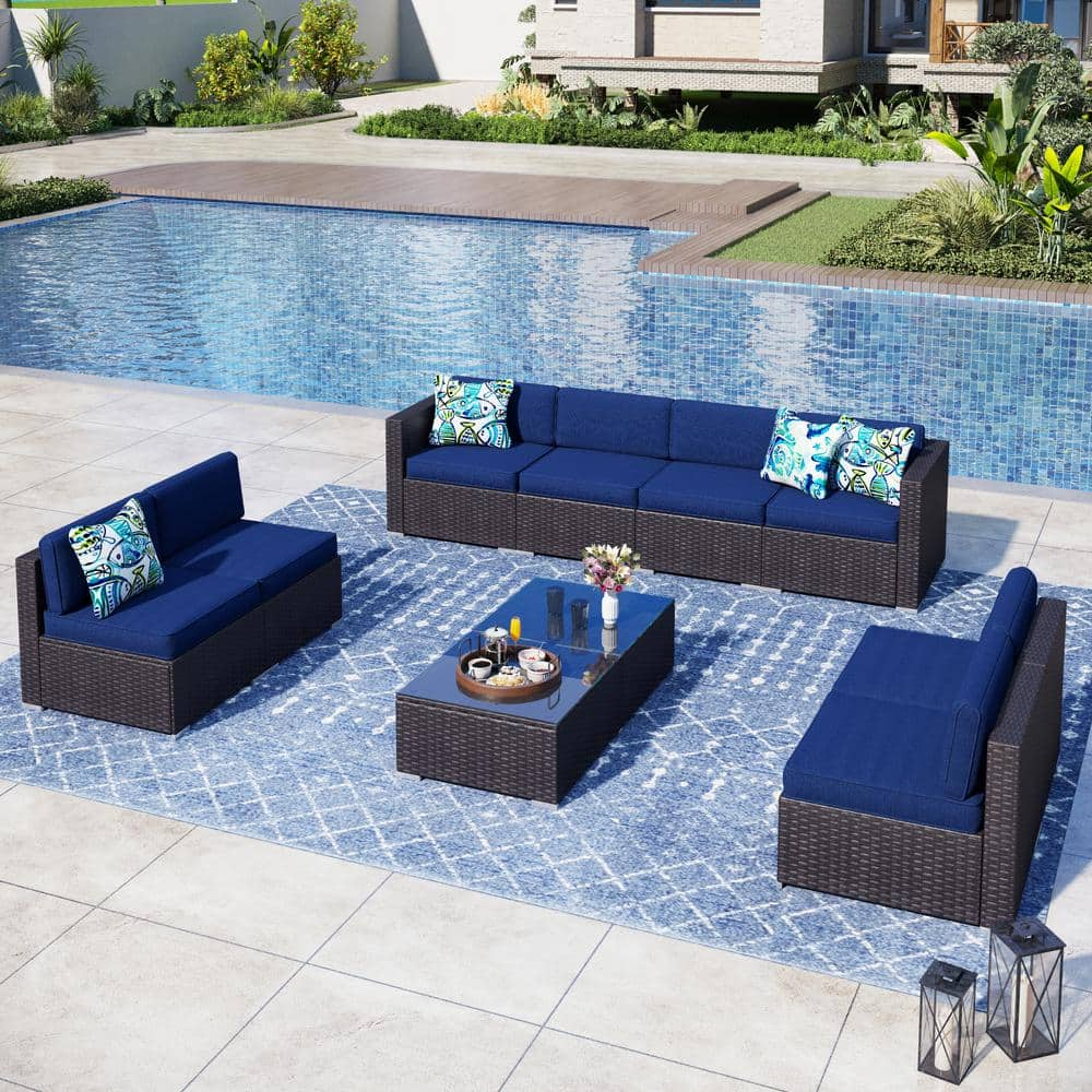 Dark Brown Rattan Wicker 8 Seat 10-Piece Steel Outdoor Patio Sectional Set with Blue Cushions and Coffee Table -  PHI VILLA, THD-EGF010-B