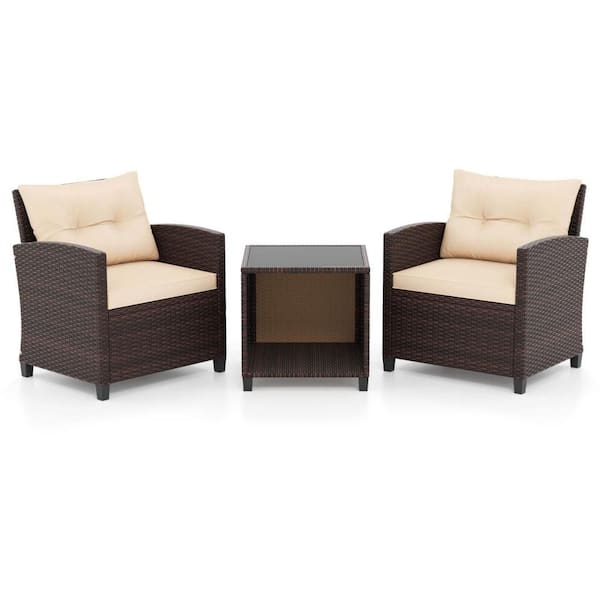 3-Piece Wicker Patio Conversation Set Patio Sofa Set with Beige Cushions & Tempered Glass Tabletop for Backyard