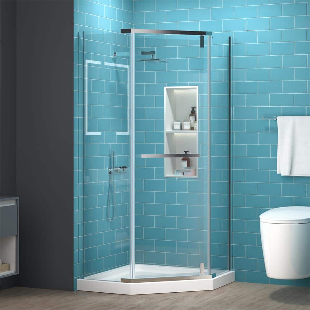 36" Chrome Neo-Angle Frameless Pivot Shower Door with Clear Glass