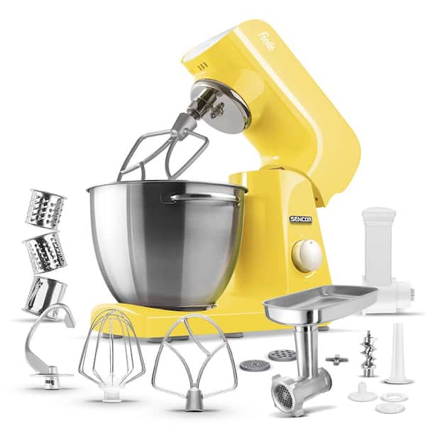 Sencor 4.75 Qt. 8-Speed Pastel Yellow Stand Mixer with Beater, Whisk, Food Grinder and Dough Hook Attachments