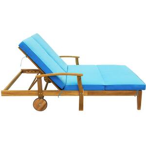 Wood Solid Frame Outdoor Wood Chaise Lounge Chair for Patio Backyard Daybed with Wheels Natural Blue Cushion (2-Persons)