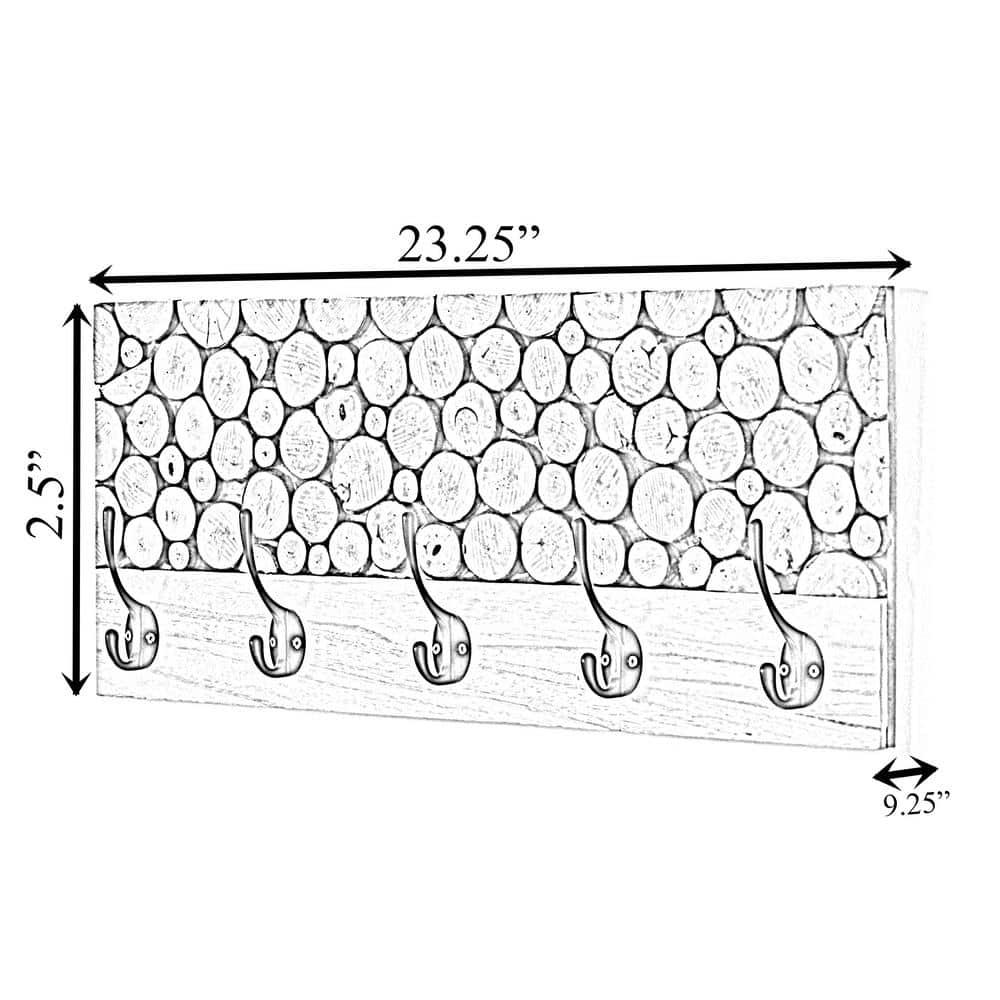 Natural Wood Rustic Hook Rack with Five Black Hooks
