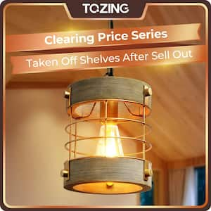 1-Light Blue Gray Farmhouse Metal and Wood Rustic Pendant Light Industrial caged Pendant Lighting for Kitchen Island