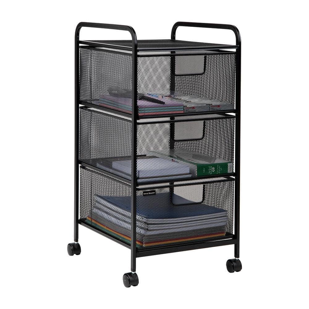 Black Metal Mesh 3-Drawer Rolling Storage Trolley