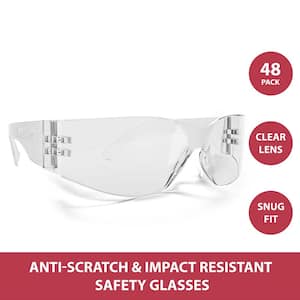 Clear Lens Clear Frame Safety Glasses, Anti-Scratch, Impact Resistant, One Size, Lightweight (48-Pairs)