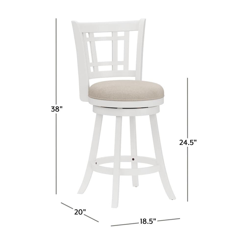 White Wood Swivel Counter Height Stool with Beige Seat