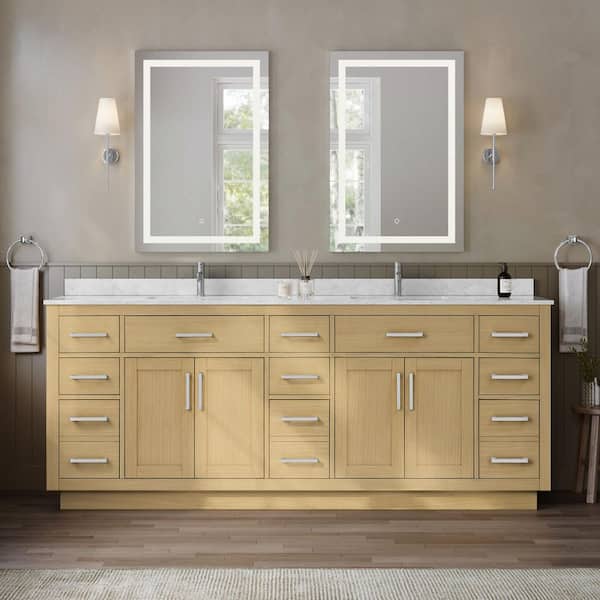 Beckett TK 84 in. Double Freestanding Rift Oak with Brushed Nickel Trim Bath Vanity with Carrara Cultured Marble Top