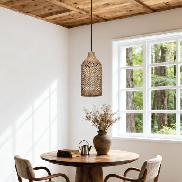 1 Light Natural Hand-Woven Sea Grass and Rattan Pendant Light in Cylindrical Shape, No Bulbs Included 9.06 in.
