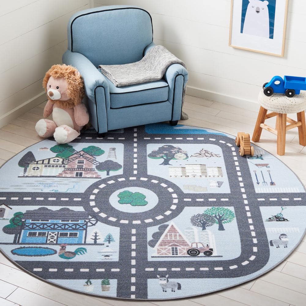 Kids Playhouse 3 ft. x 3 ft. Round Blue/Dark Gray Neighborhood Roads Area Rug price history on PriceWatchPro