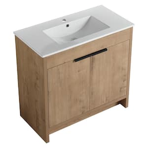 35 in. W x 18 in. D x 34 in. H Freestanding 1 Bath Vanity in Imitative Oak with White Ceramic Top & 2 Metal Handle